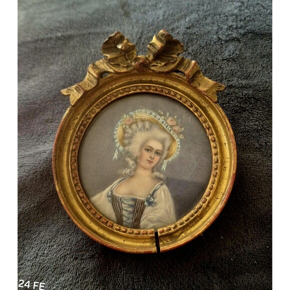 Other - Antique French Miniature Portrait Lady Gilt Wood Bow Frame As-Is Cracked